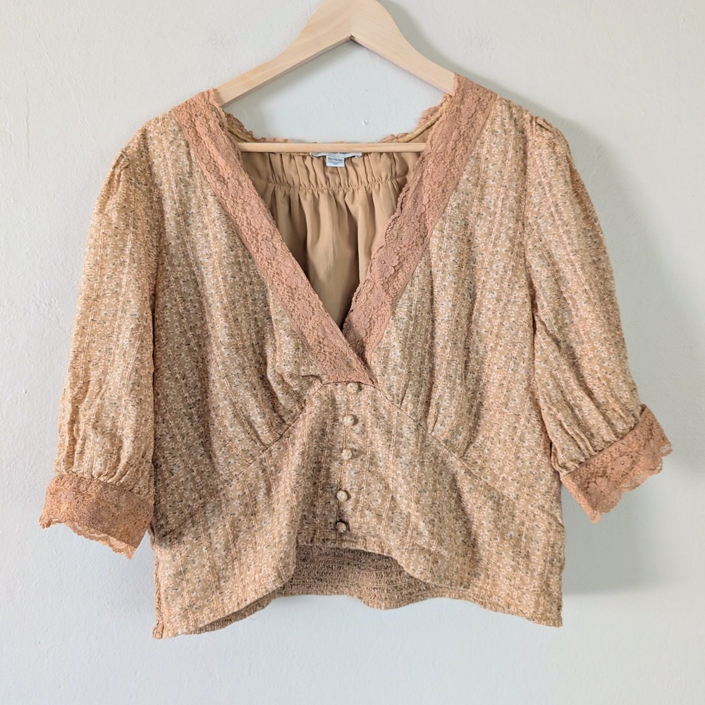 American Eagle Floral Lace Trim Smocked Crop Top XXL Boho Peasant Cottage Fairy